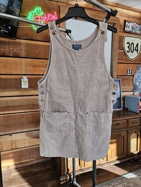 Vintage SPICE 100%Cotton Corduroy Overall Mini Dress in Neutral Light Taupe Sz M
